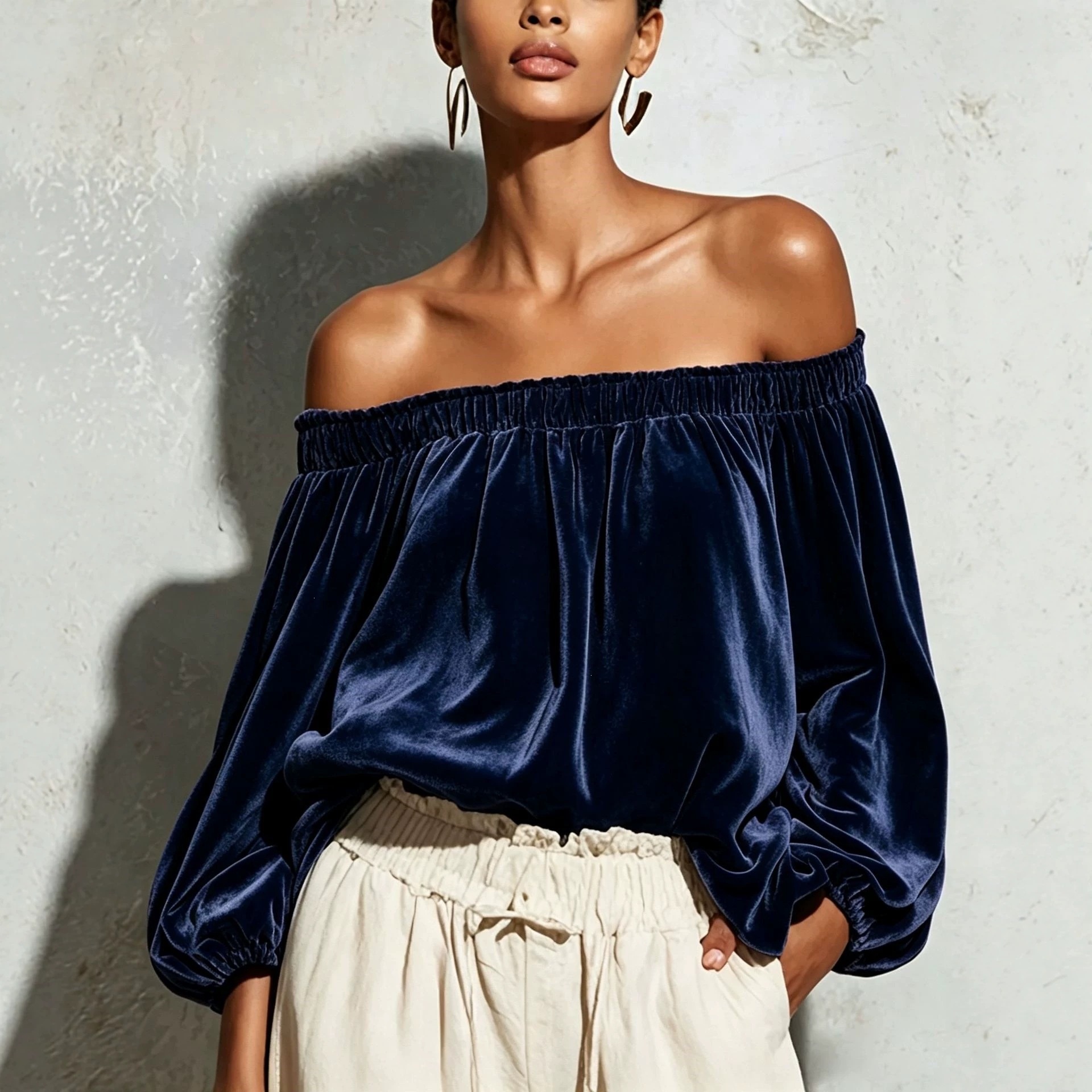 Velvet Off-Shoulder Top with Lantern Sleeves