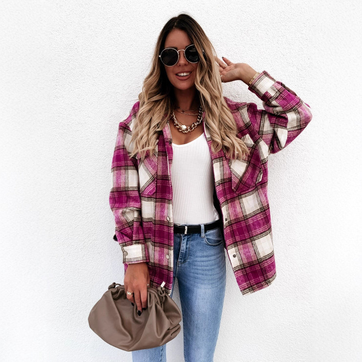 Women's Retro Plaid Button-Front Long-Sleeve Shirt Jacket