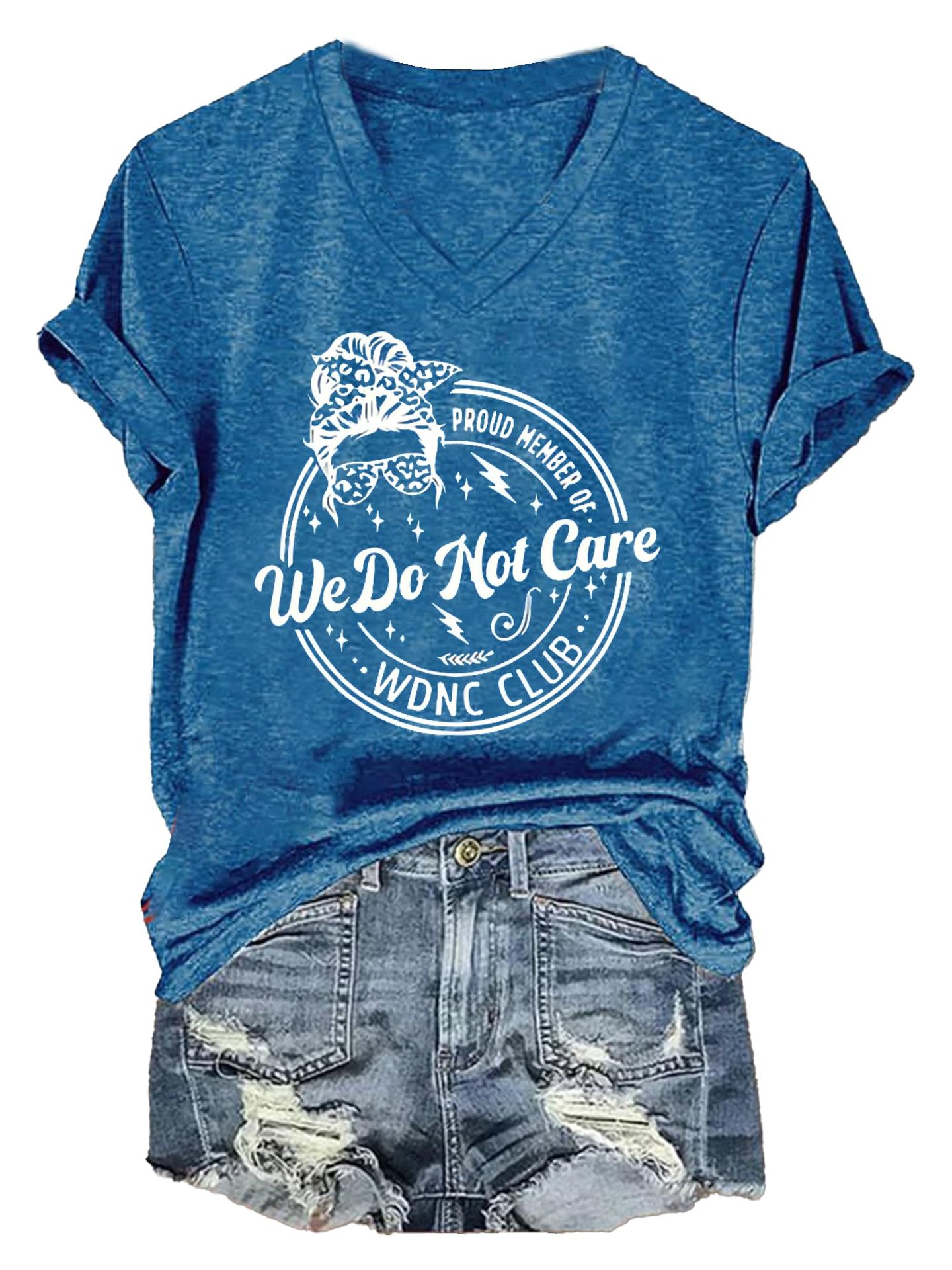 Women's Summer V-Neck Short Sleeve T-Shirt with Portrait Letter Print