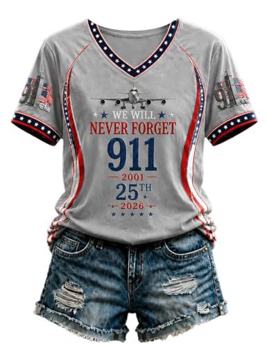 Women's V-Neck Short Sleeve T-Shirt with Airplane Twin Towers Print