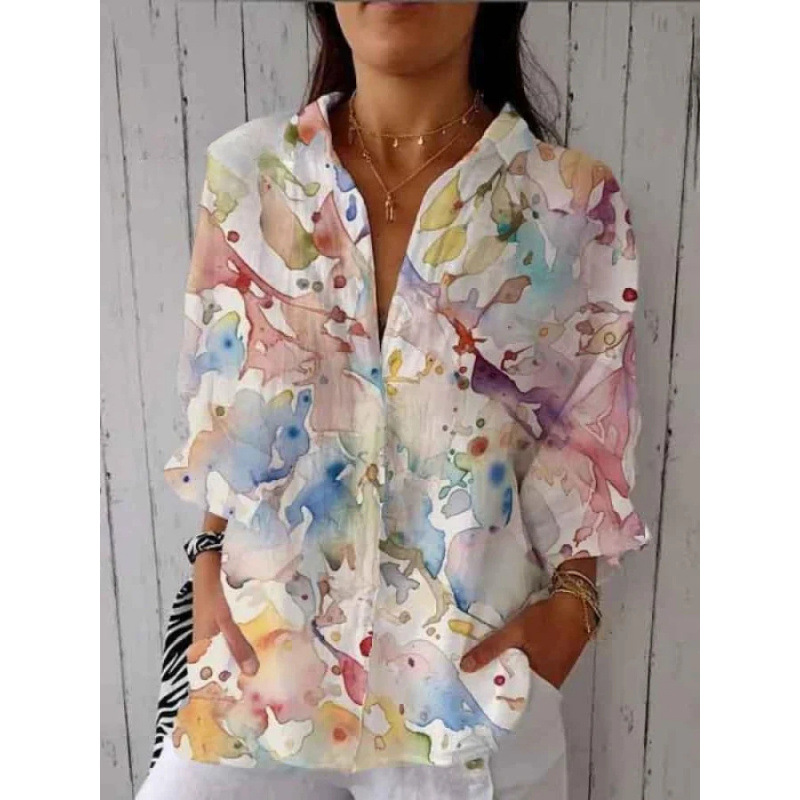 3D Floral Print Collared Long-Sleeve Women's Shirt