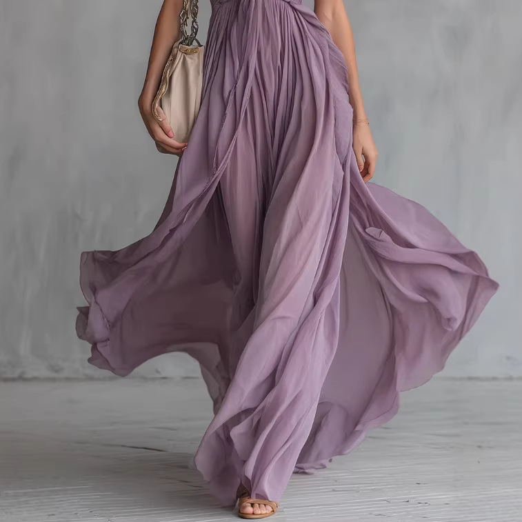 Elegant V-Neck Sleeveless Chiffon Maxi Dress with Open Back