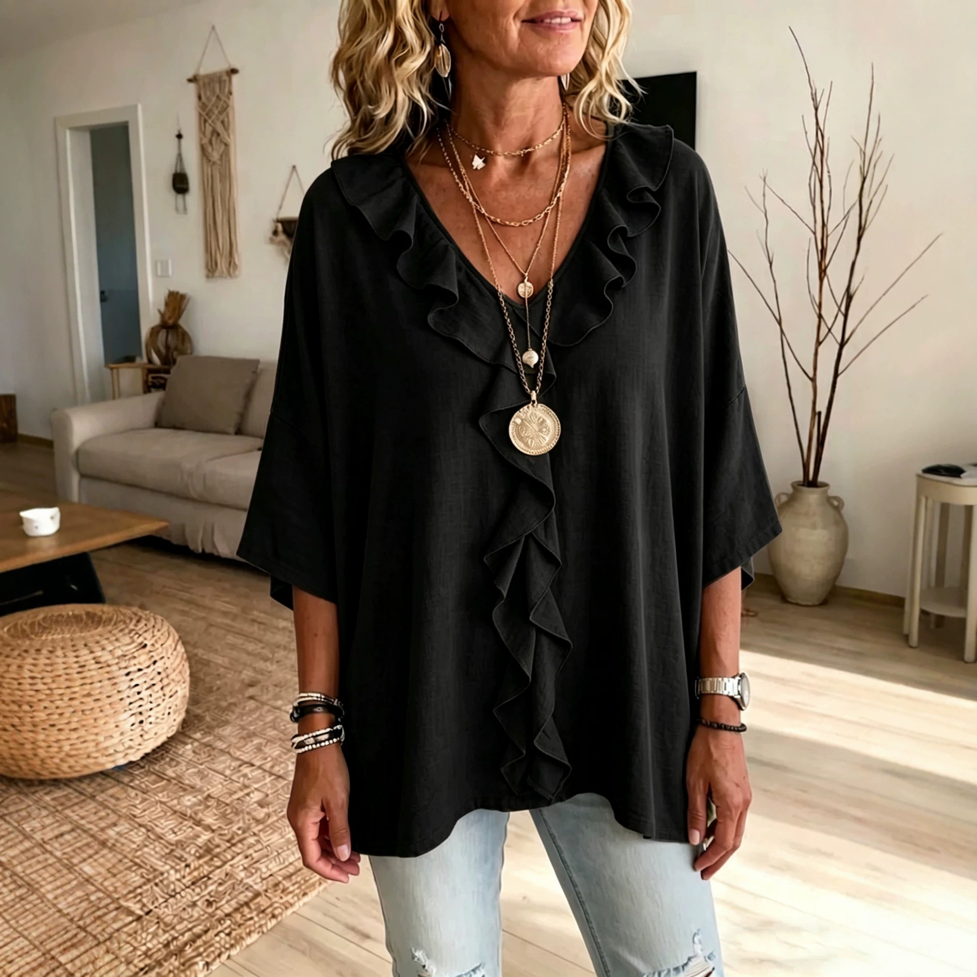 Ruffle V-Neck 3/4 Sleeve Casual Top