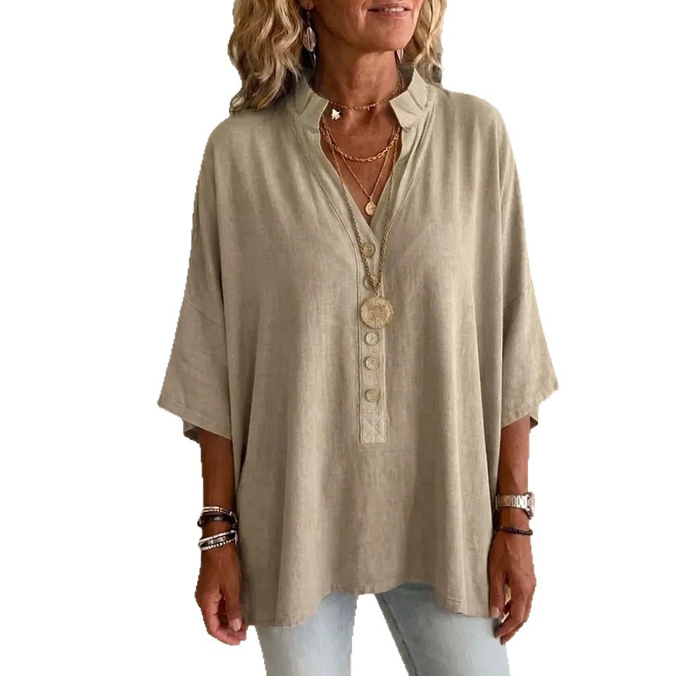 Women's Cotton-Linen V-Neck Button T-Shirt Blouse with Mid Sleeves