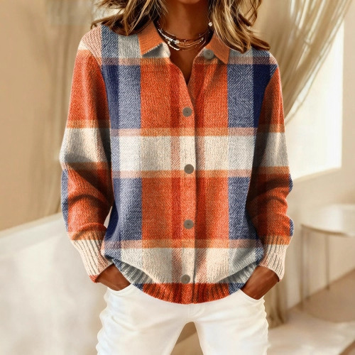 Women's Plaid Santa Tree Print Long Sleeve Button-Front Shirt