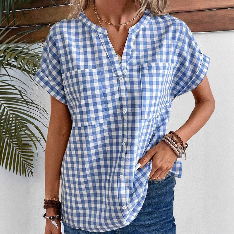 Women's Retro Plaid V-Neck Short Sleeve Shirt Loose Fit