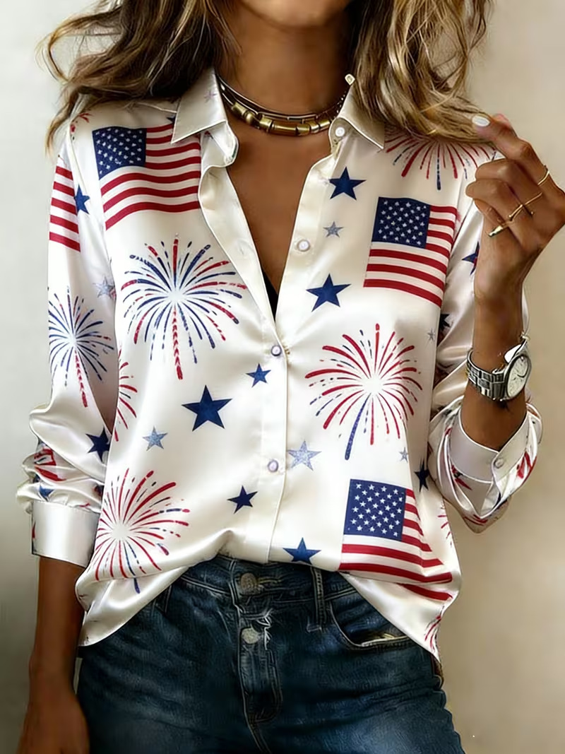 Women's American Flag Print Long Sleeve Shirt