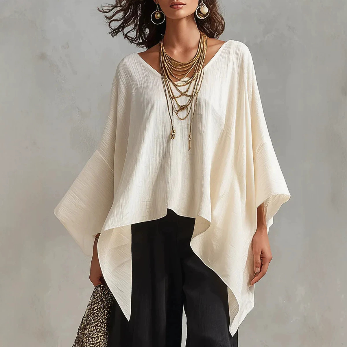 Women's Solid V-Neck Long Sleeve Spliced Loose Casual Top