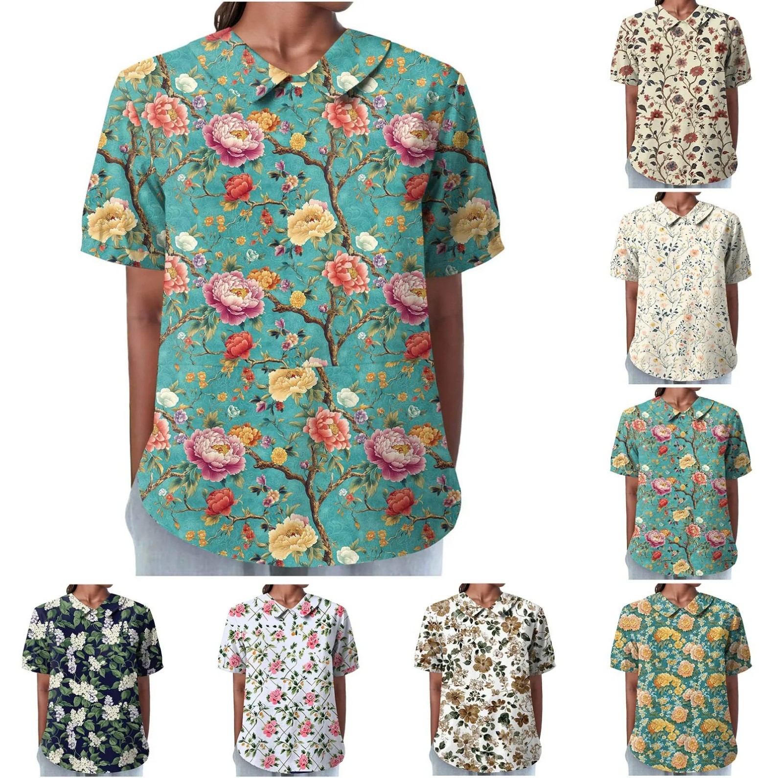 Women's Summer Hawaiian Floral Print Short Sleeve Shirt