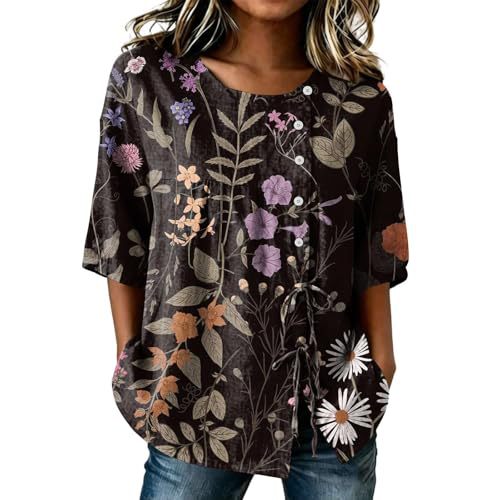 Women's Floral Print Drawstring Half-Sleeve Blouse