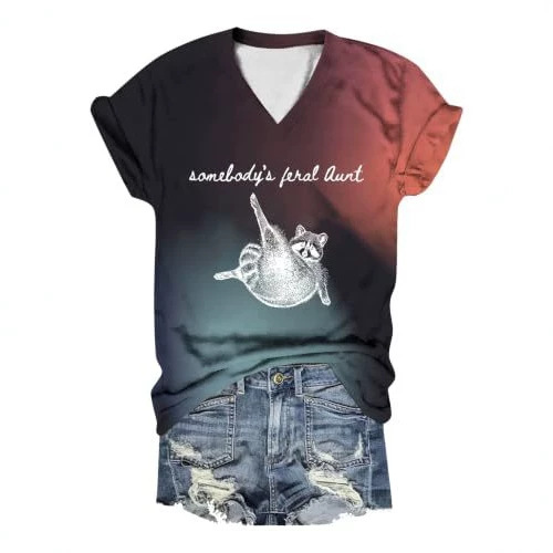 Raccoon Letter Print V-Neck Short Sleeve Women's T-Shirt