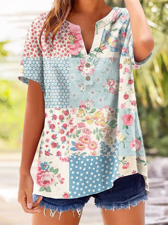 3D Print Women's Short Sleeve Two-Button Loose Casual Top