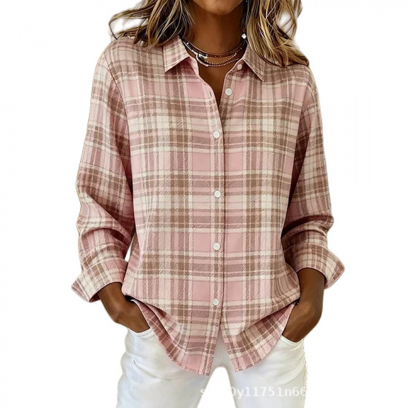 Women's Long Sleeve Plaid Floral Shirt 3D Digital Print Pink
