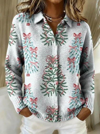 Women's Christmas Tree Swirl Print Long Sleeve Shirt