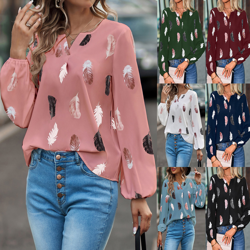 Women's V-Neck Feather Print Long Sleeve Loose T-Shirt Top