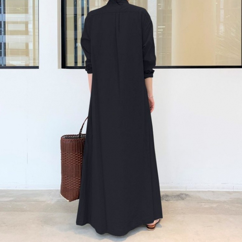 Solid Color Lapel Long Sleeve Pocketed Loose Long Shirt Dress