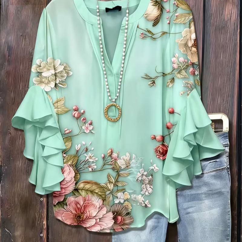 Floral Print Rolled Sleeve V-Neck Women's Top