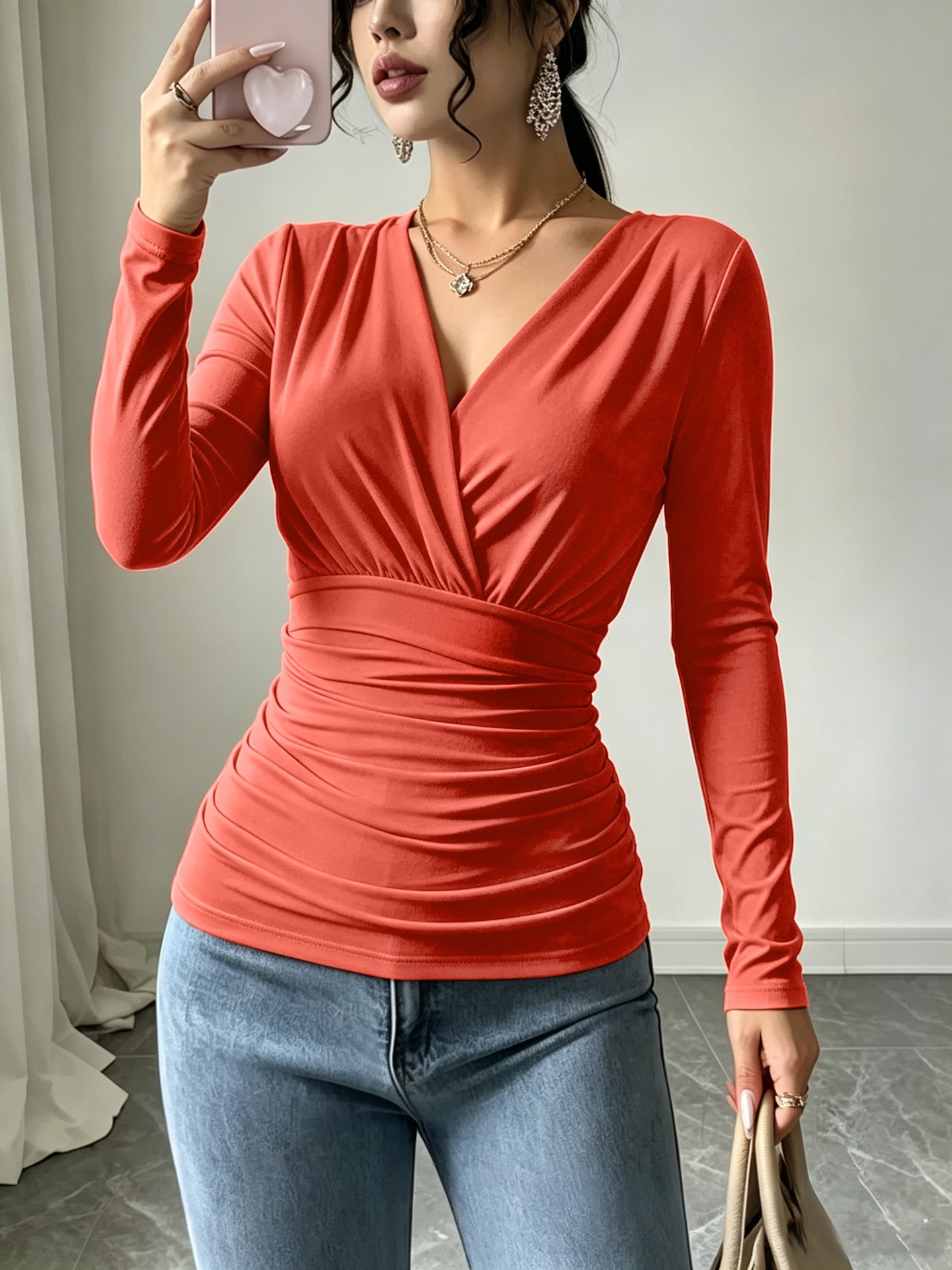Women's French Cross V-Neck Ruched Waist Slimming Long Sleeve T-Shirt