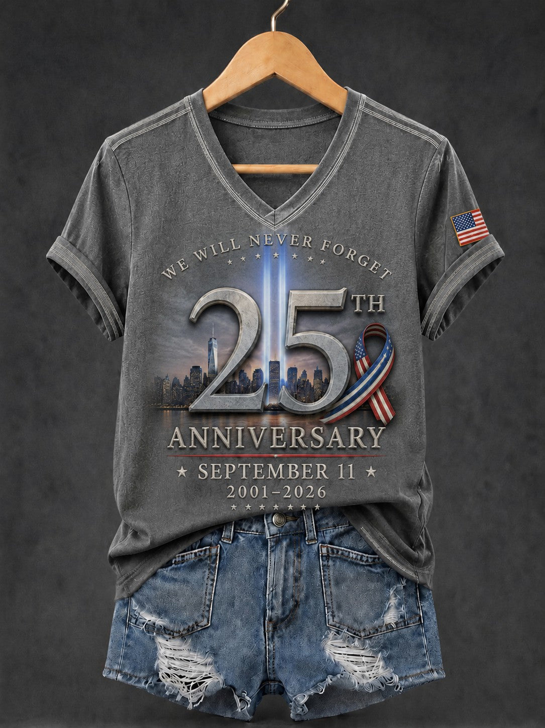 American Flag Twin Towers Print V-Neck Short Sleeve Women's T-Shirt