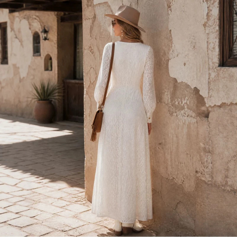 Western Vintage White Lace Long Sleeve Maxi Dress