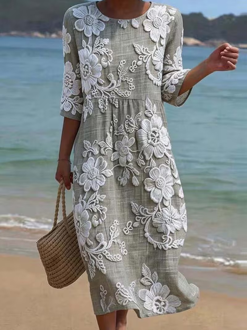 Women's Vintage Floral Print Pleated Midi Dress