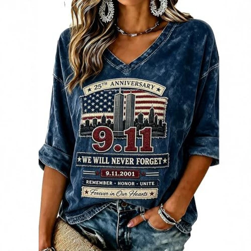 Women's Twin Towers Print Mid-Sleeve Blouse