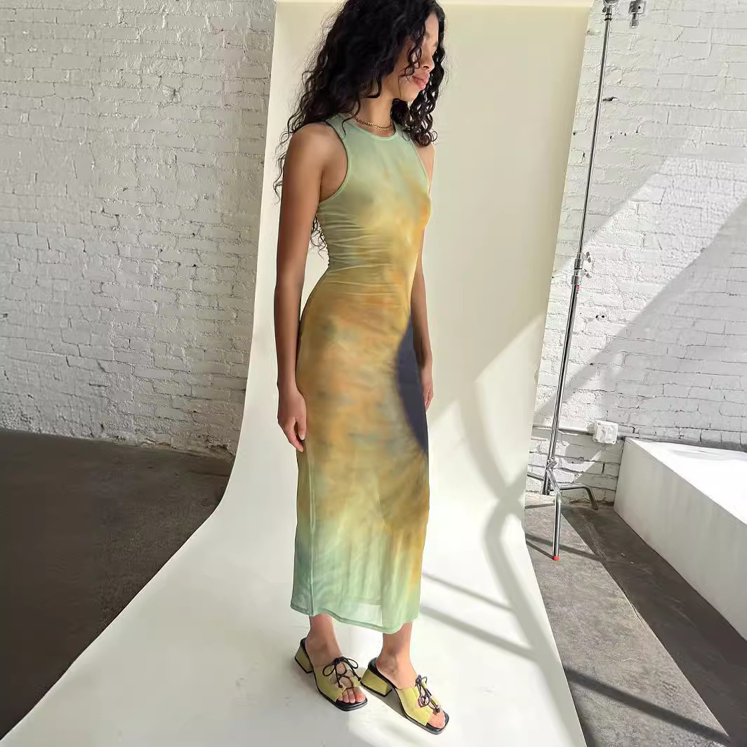 Women's Sleeveless Cutout Digital Print Slit Bodycon Dress