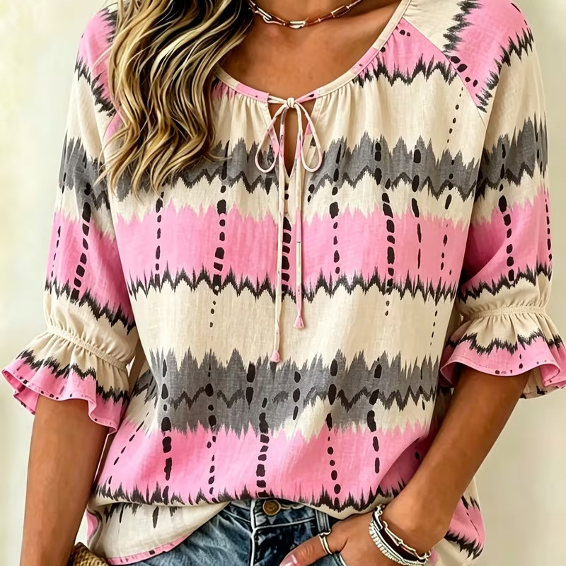 Women's Summer Curve Striped Print Tie Half-Sleeve Shirt