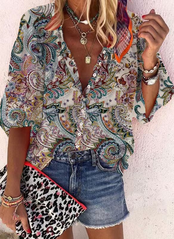 Women's Retro Print Button-Up Shirt with Stand Collar Loose Fit
