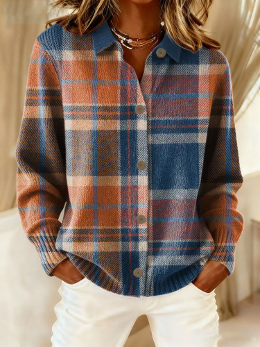 Women's Plaid Santa Tree Print Long Sleeve Button-Front Shirt