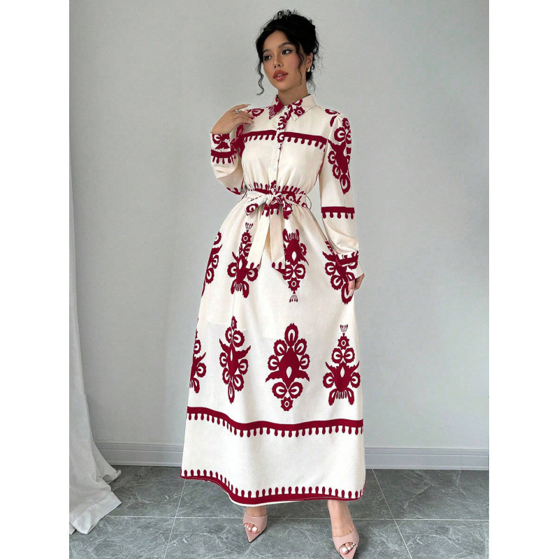 Printed Long-Sleeve Collared Shirt Dress