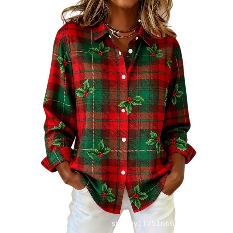 Women's Plaid Floral Print Long Sleeve Button-Up Shirt