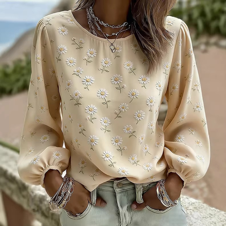 Plaid Floral Print Long Sleeve Blouse