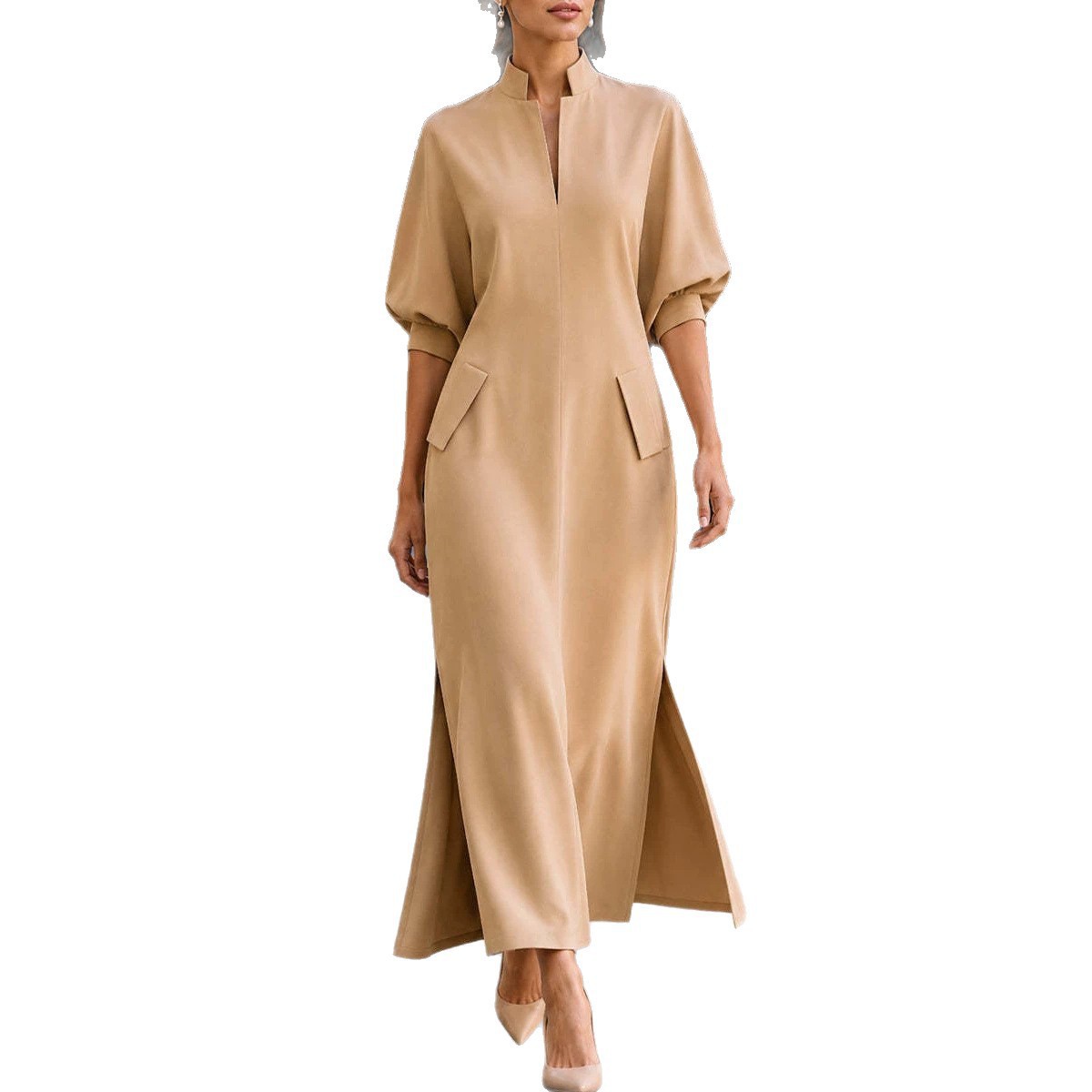 Elegant Stand Collar Lantern Sleeve Slit Midi Dress