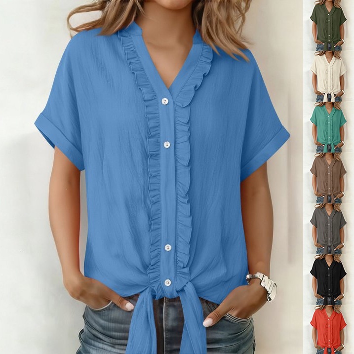Women's Solid Color Short Sleeve Blouse T-Shirt Casual Loose Fit V-Neck