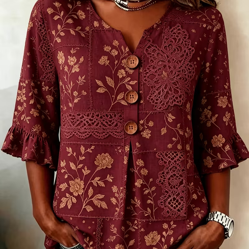 Retro Floral Print Short Sleeve Button-Up Top