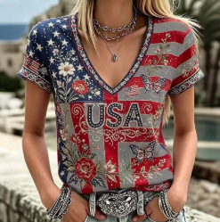 USA Flag 3D Print V-Neck Short Sleeve Women's T-Shirt