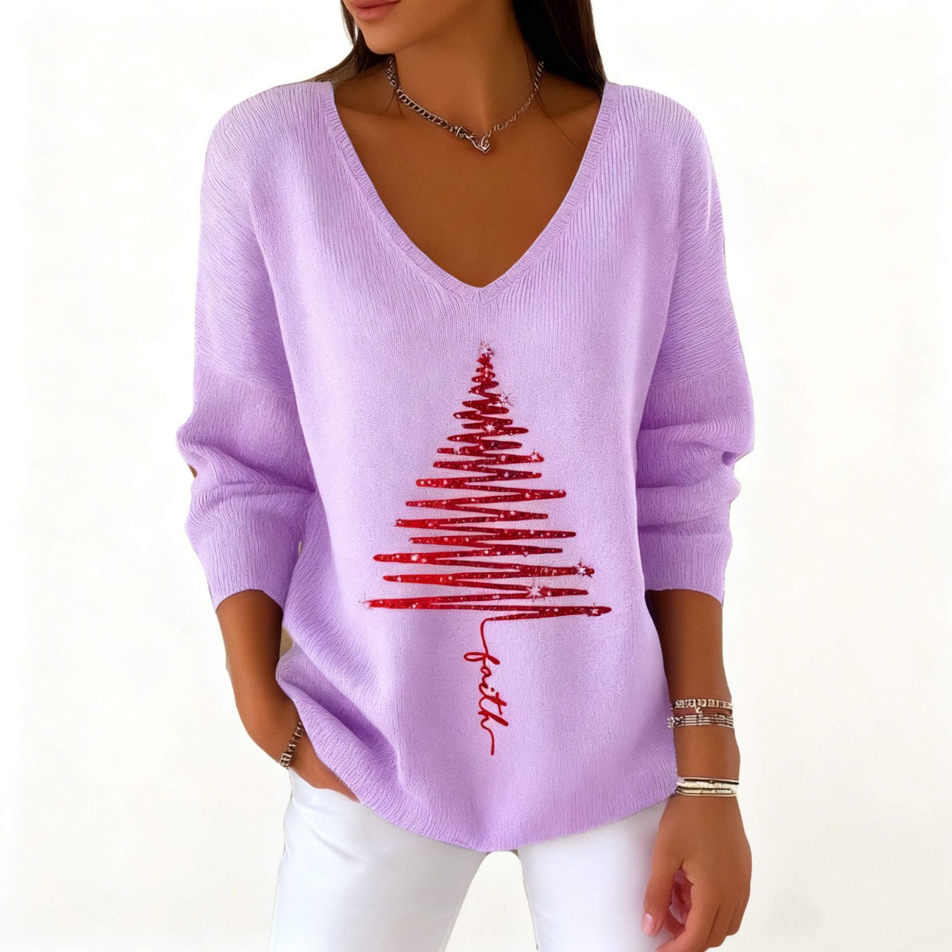 Women's V-Neck Long Sleeve Book & Christmas Tree Print T-Shirt