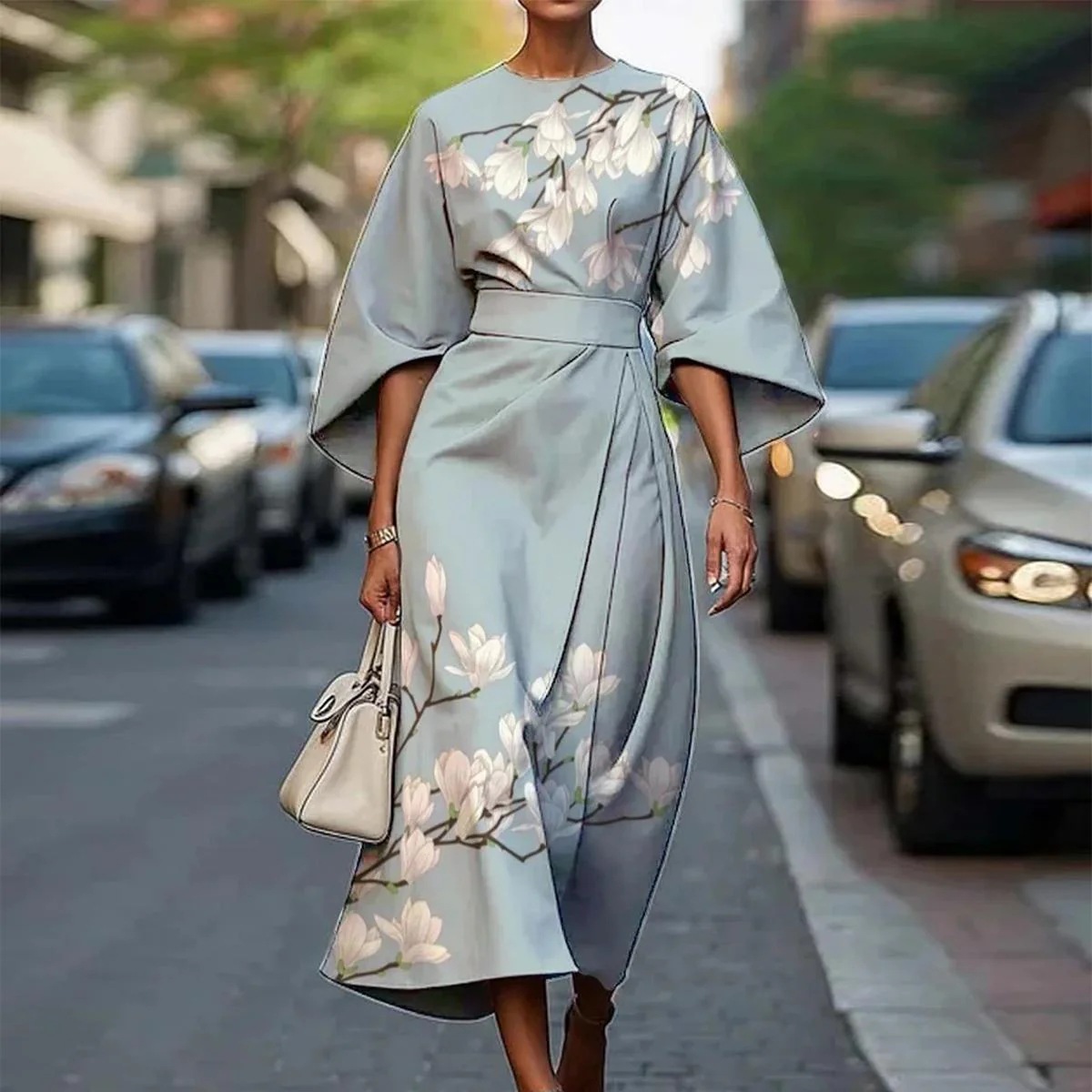 Women's Printed V-Neck Midi Dress with Half Sleeves