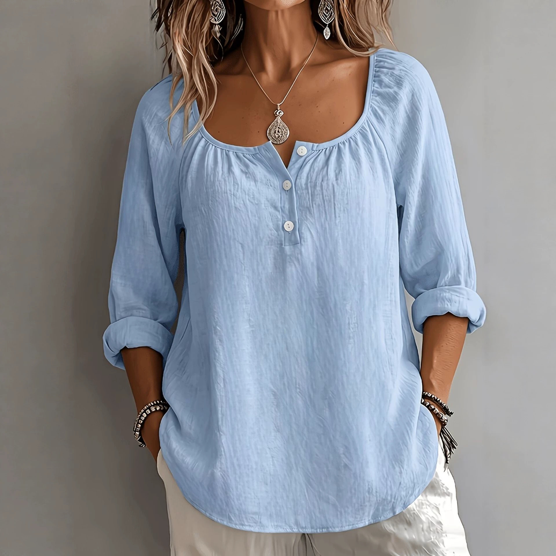 Women's Casual Round Neck Linen Shirt Long Sleeve Pullover Loose Solid