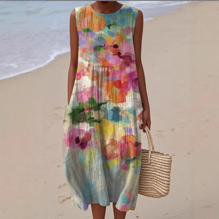 Floral Print Sleeveless Round Neck Loose Midi Dress