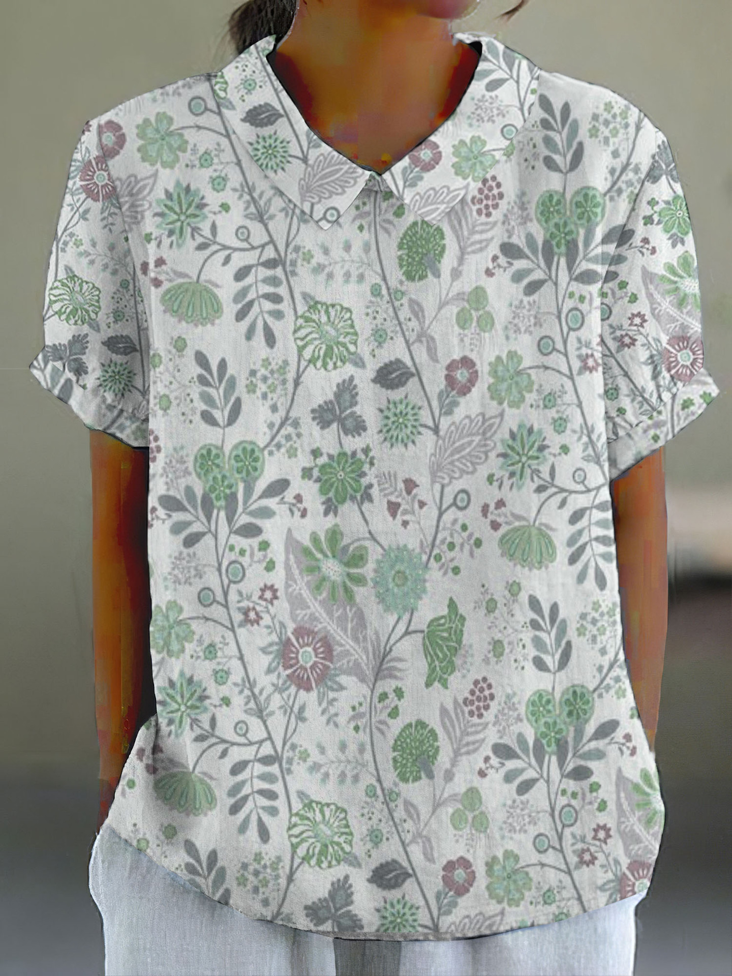 Women's Floral Print Short Sleeve Casual Button-Up Shirt