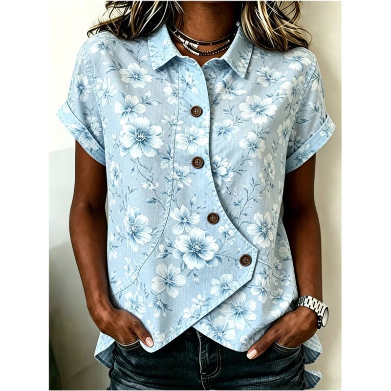 Women's Floral Print Asymmetric Short Sleeve Blouse