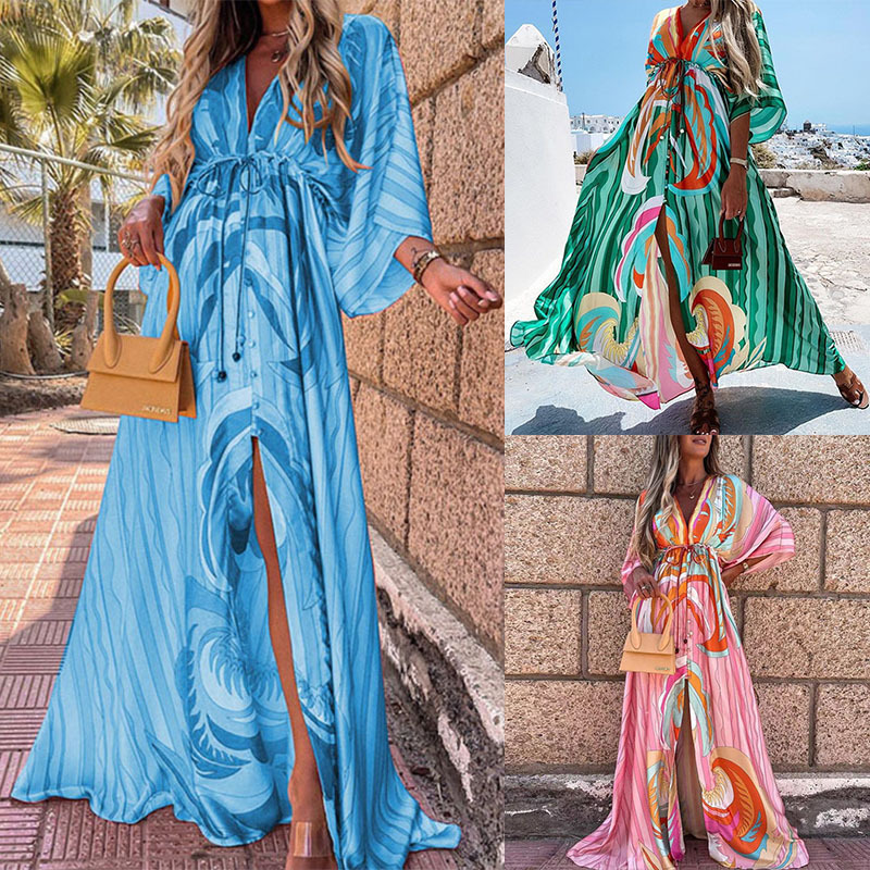 Bohemian V-Neck Slit Printed Maxi Dress Loose Fit Long Sleeve