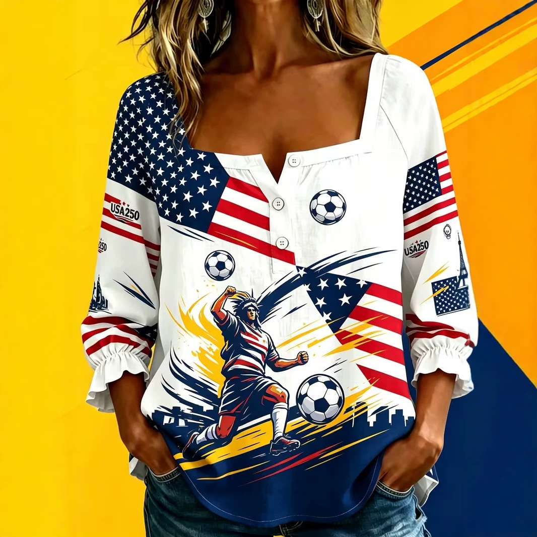 Women's Summer Football Print Long Sleeve Button-Up Shirt