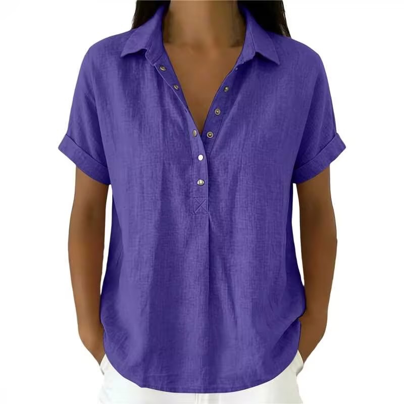 Women's Cotton-Linen Collared Shirt Loose Single-Breasted Short-Sleeve Blouse