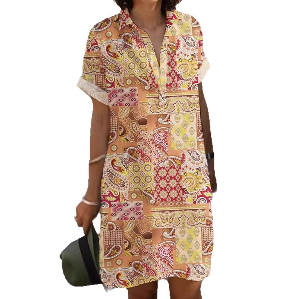 Women's Casual Loose Printed Button-Front Collared Shirt Dress