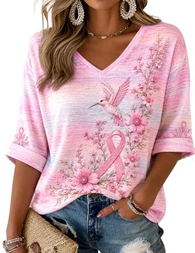 Women's V-Neck Long Sleeve Bird Ribbon Print T-Shirt