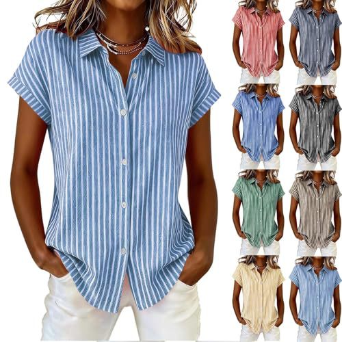 Women's Striped Print Short Sleeve Button-Front Shirt