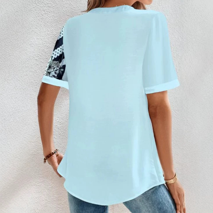 Color-Block Striped Button Short-Sleeve Print V-Neck Shirt